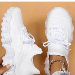 Women’s White Knit Lace-Up Sneakers - Casual Comfort